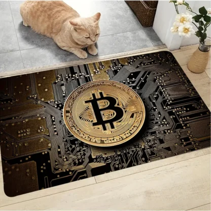 bitcoin pattern floor mat with cat