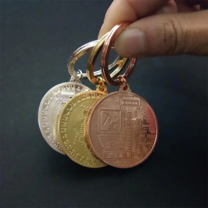 hand holding bitcoin key chain metal gold silver rose gold front view